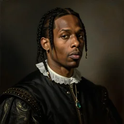 a renaissance portrait painting of travis scott in the style of rembrandt van rijn & caravaggio