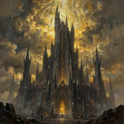 beautiful painting of epic dark evil citadel, in style of Lord of the Rings, fantasy matte painting, golden ratio, trending on cgsociety, cinematic, trending on artstation, by John Howe and Greg Rutkowski, highly detailed, vibrant