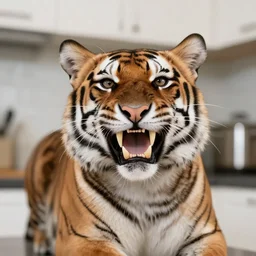 house cat tiger with extravagant tusks, photo taken in kitchen