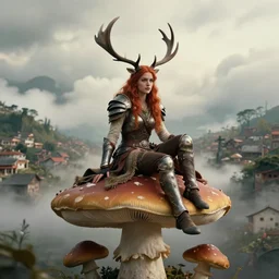 a photo of an armored woman warrior redhead with antlers sitting on a giant mushroom that covers a whole village and reaches above the clouds by luis royo. intricate. lifelike. soft light. sony a 7 r iv 5 5 mm. cinematic post - processing