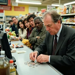 jerry orbach counting pocket change on the counter of the grocery store check out with a line of angry people with groceries behind him, 3 5 mm, f / 8, flash fired