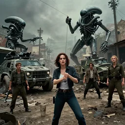 color! cinematic still from 2 0 1 1 hollywood action!! scifi! blockbuster. dark fantasy in dirty seaside town. a globster. grappling!!! hybridizing! alien - robot invasion. frightened casually - dressed refugees. alien military vehicles and weapons. sarah connor from terminator 2 with ellen ripley ( in military uniforms ).