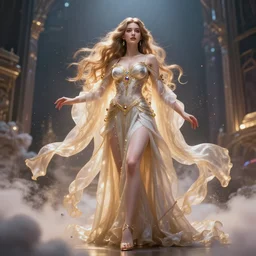 a beautiful female goddess of the city character, character is in all its glory, character is in her natural relaxed pose, full body shot, rim lights, particles and dust in the air, fancy clouds, highly detailed professional photo, dynamic lights, particles are flying, depth of field, trending on artstation, professional illustration, hyper realistic, vray caustics, super detailed, colorful accents, cinematic shot