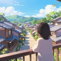 a vibrant dream of looking out from a balcony at many japanese painted lanterns in kyoto japan during the day, gucci, lush plants, magic details, by moebius, edward hopper, james gilleard, and james jean, hd, 8 k, trending on artstation, uhd,