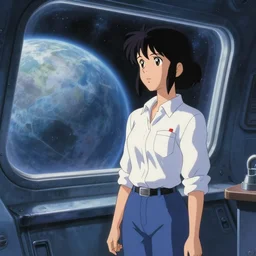 a film still of a 1 9 5 0's mechanic anime girl standing near big window of spaceship looking to another planet, sharp face focus, finely detailed features, full body mid shot, perfect art, trending on pixiv fanbox, painted by gaston bussiere, makoto shinkai, akihiko yoshida, gaston bussiere, craig mullins