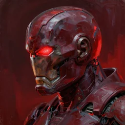 profile portrait of ultron, red glow, oil painting, trending on artstation, ultradetailed, intricate, brush marks