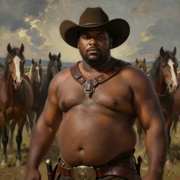 a beautiful dramatic epic painting of a chubby thicc black man wearing a cowboy hat and leather harness | background is a herd of wild horses | homoerotic, highly detailed, dramatic lighting | by Mark Maggiori, by William Herbert Dunton, by Charles Marion Russell | trending on artstation