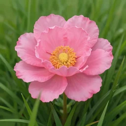 a beautiful pink flower growing in the grass. matte painting, concept art, digital masterpiece, highly detailed, by greg rutkowski