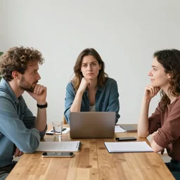 a man thinking of devil's advocate and a woman thinking of positive ideas and a man thinking of worry thoughts and a woman thinking of sarcastic thoughts and a man thinking happy thought is sitting around the table having an ideation meeting