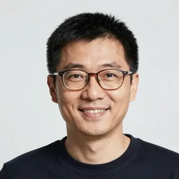 portrait of a asian man with glasses, smiling, by shaun tan