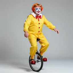 studio color photo realistic portrait of donald trump as a clown with white face paint orange hair and yellow jumpsuit riding a unicycle