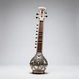 silver sitar, photorealistic, isolated on a pure white background, centered, entire object in frame, sharp focus, soft studio lighting
