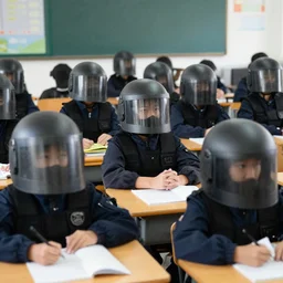 a classroom full of students wearing riot gear