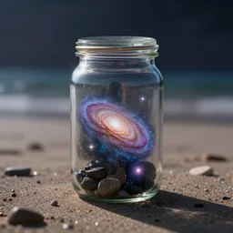 galaxies contained in a jar on the beach