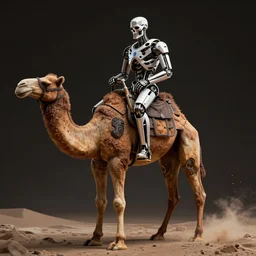 cyberdyne systems model 1 0 1 terminator riding a robot camel, 4 k, hyperdetailed photorealism