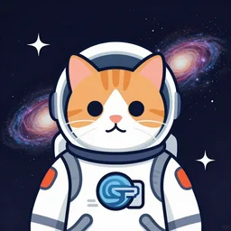 A serious-looking cat wearing a space-suit, the background is inspired by two colliding galaxies, e-sports logo vector