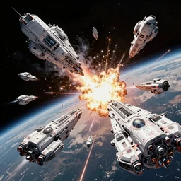 alien ships fighting in space, explosions, high contrast, art by mark cooper, 8 k, hyper detailed, hdr, intricate, masterpiece, pastel colors