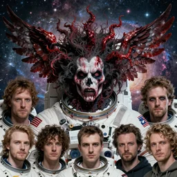 8 k headshot portrait of scary godlike astronaut from the 1 8 0 0 s, wild symmetrical bloody winged hair, beautiful galaxy background by craig mullins, ilya kuvshinov, krenz cushart, epic, german engineering, artgerm trending on artstation by edward hopper and dan mumford and wlop and rutkovsky, beksinski carl spitzweg moebius and tu