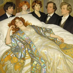 an art nouveau realistic illustration of an art student girl lying on her bed wearing an holographic imono designed by balenciaga by john berkey by stanley artgerm lau, greg rutkowski, thomas kinkade, alphonse mucha, loish, norman rockwell