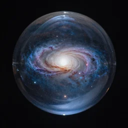photograph of a glass sphere enclosing a galaxy, reflections on glass, 4k