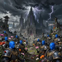 panorama of beautiful gothic landscape, warhammer, japanic style, cyberpunk, thunderstorm, more and more flowers, blue head, the middle ages, highly detailed, artstation, illustration, art by jean delville, 8 k quality, artwork by tooth wu and wlop and beeple and greg rutkowski