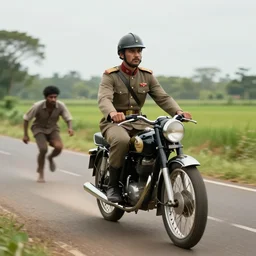 a british officer in 1921, riding a motor cycle through a kerala road chasing a culprit, cinematic,