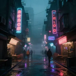 hyper realistic cyberpunk slum street with foggy sky with shops with neon sign in night, photorealism, unreal engine, 8 k, volumetric lighting, beeple style