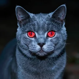 blue cat with crimson glowing eyes in the night, photo, photorealistic, realistic, detailed, hyperrealistic, 8 k, hdr, lossless