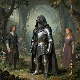 a grey mongoose wizard knight in a hooded cloak and dank plate mail armor. a surrealist interior mental landscape by hieronymus bosch, cyril rolando, esher and natalie shau, whimsical, profound, impossible. trending on devaintart.