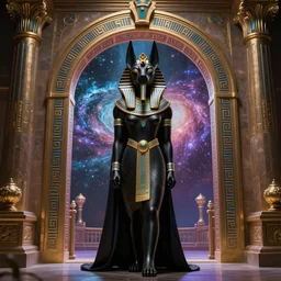 queen black egypt cat, anubis, egyptian god anubis, alien style, guarding the gate, galaxy background, ultra detailed, cinematic, photorealistic, mlt. 4 k surreal, surrealistic, hyper realistic, 8 k, ultrarealistic, dslr, unreal engine 5, high res octane render, cinematic shot, cinematic lighting, photo realistic hyper realistic