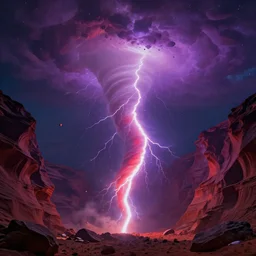 the huge purple red lightning tornado appears in the sacred canyon. countless broken stones float in the tornado vortex, reversing the future. the atmosphere is excellent, fantasy, rich colors, star light rippling, dreamlike, magnificent close - up shot of the film, trending on artstation, realistic matte painting