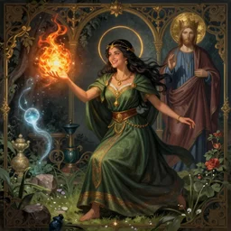 breathtaking detailed concept art painting of a smiling hapa female sorceress casting fireball chasing will-o-wisp in the garden, orthodox saint, ornate background