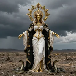 female golden skeleton saint character, full body virgin pose wearing white and black victorian robe with an aureola of golden cactae, intrincate metal and roses. barren land. stormy sky. snakes at her feet.