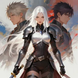 female warrior princess with white hair full shot, by Vergil hoo and jerry park, abstract background