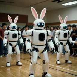 1990s candid photo of a middle school home coming dance with robot warrior rabbits, cinematic, UHD