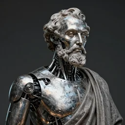 theologian john calvin as a cyborg, resembles a robot, metal surface