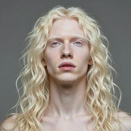 portrait of a beautiful androgynous blond man, albino pale white skin and long fluffy curly blond hair, Center parted curtain bangs, close up view, head and upper body, looking upward, fullface, light from above, by Peter Mohrbacher, trending on artstation, 8k