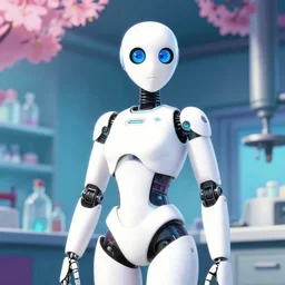 a wholesome key shot of a female android in a lab, pure white, low shot angle, studio ghibli, pixar and disney animation, sharp, rendered in unreal engine 5, anime key art by greg rutkowski and nixeu, full bloom, vibrant lighting