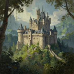 a painting of a castle in the middle of a forest, a detailed matte painting by andreas rocha, artstation, fantasy art, matte painting, artstation hq, matte drawing