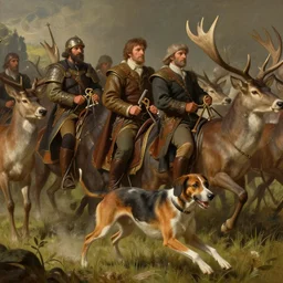 the hunters and hounds ; a small part of nobles is riding out to hunt for a stag or other large animals. at least one of their hounds can be seen running ahead, deep focus, d & d, fantasy, intricate, elegant, highly detailed, digital painting, artstation, concept art, matte, sharp focus, illustration, hearthstone, art by artgerm and greg rutkowski and alphonse mucha