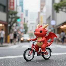 tiny cute red dragons riding a bike in the streets of tokyo