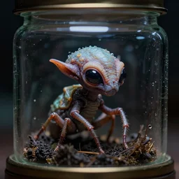 a close up view of a tiny alien creature trapped in a jar, a macro photograph, featured on cg society, macro lens, ultra detailed, macro photography, atmospheric lighting, intricate, volumetric lighting, beautiful, sharp focus, in the art style of marc simonetti, bowater charlie and brom gerald, astrophotography