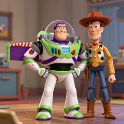 buzz aldrin as buzz lightyear, in andy's room, with luffy as woody. photorealistic toy story