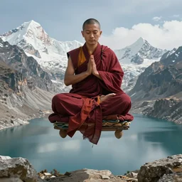 buddhist monk in dark red cloth in lotus position and hands in namaste, fly over himalaya mountains lake in weightlessness, highly detailed science fiction illustration by jeremy geddes. photorealistic, hyper detailed illustration, 8 k, movie still