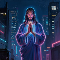 a painting of neon jesus they prayed in the dark city, cyberpunk, wideangle camera