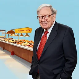 color studio photo of warren buffett standing at golden corral buffet line