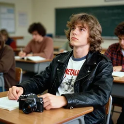 cheap film camera photo of a 17 year-old male sitting back at his desk, with long hair, black leather jacket, Metallica T-Shirt in a science high school classroom 1989 American high shcool