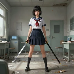 School girl holding a katana and standing on an abandoned hospital room, sci-fi, highly detailed, digital painting, artstation, concept art, smooth, sharp focus, illustration, art by artgerm and greg rutkowski and alphonse mucha