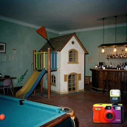 a weird place, house, playground, office, pool, bar, pub, interior, room with eerie feeling, disposable colored camera, camera flash, unusual place, unsettling, kids place, night scene