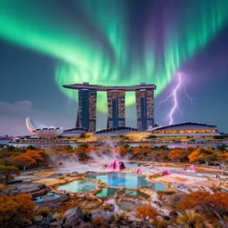 marina bay sands skyscraper on danakil depression of the place with acid pools in mount roraima during autumn season on an interstellar aurora borealis with heavy thunder and lightning, pink waterfalls, by peter mohrbacher, james jean, james gilleard, greg rutkowski, vincent di fate, rule of thirds, octane render, beautiful landscape